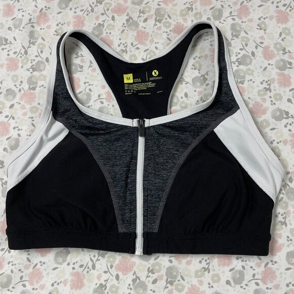 Xersion Sports Bra Medium Black Gray White, Zipper, Removable Pads - EUC - Picture 1 of 10
